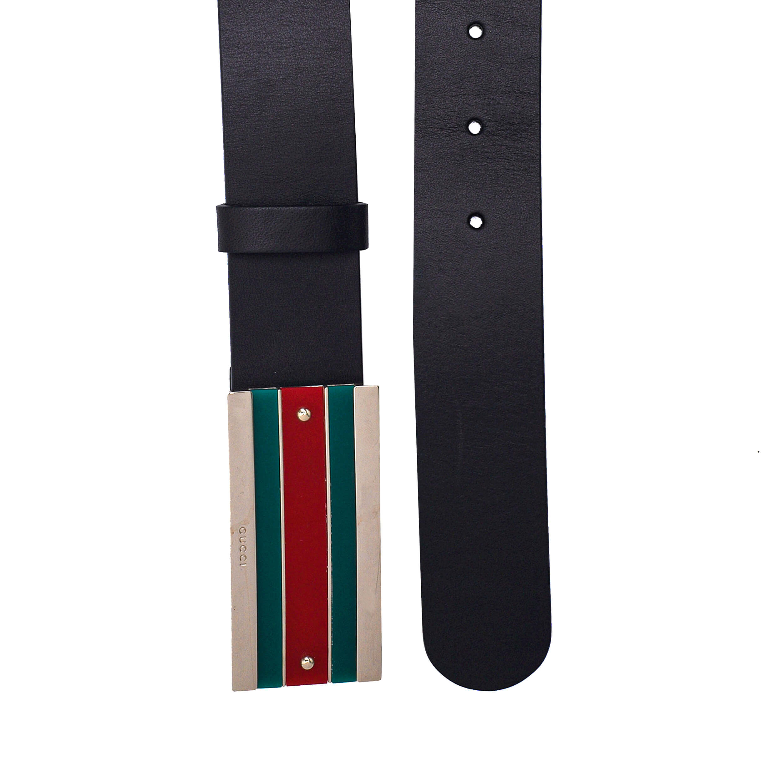 Gucci - Black Smooth Leather Web Striped Plaka Belt